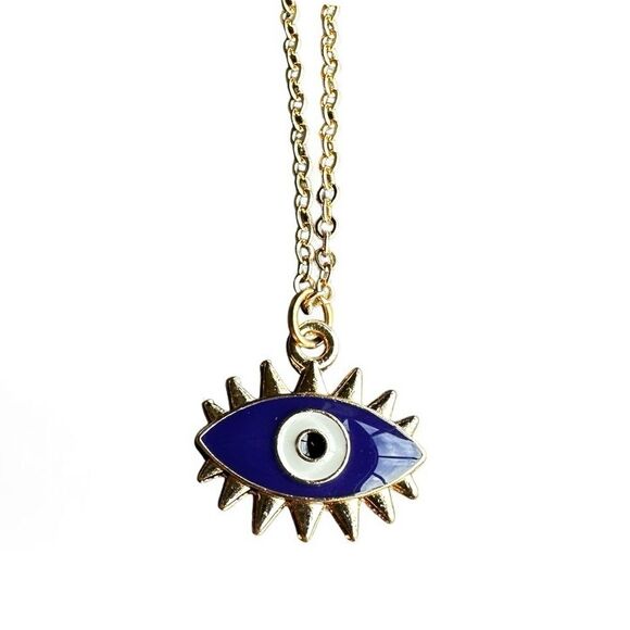 NEW Gold and Blue Enamel Evil Eye Pendant Adjustable Necklace 16 to 18-inches - Picture 1 of 10